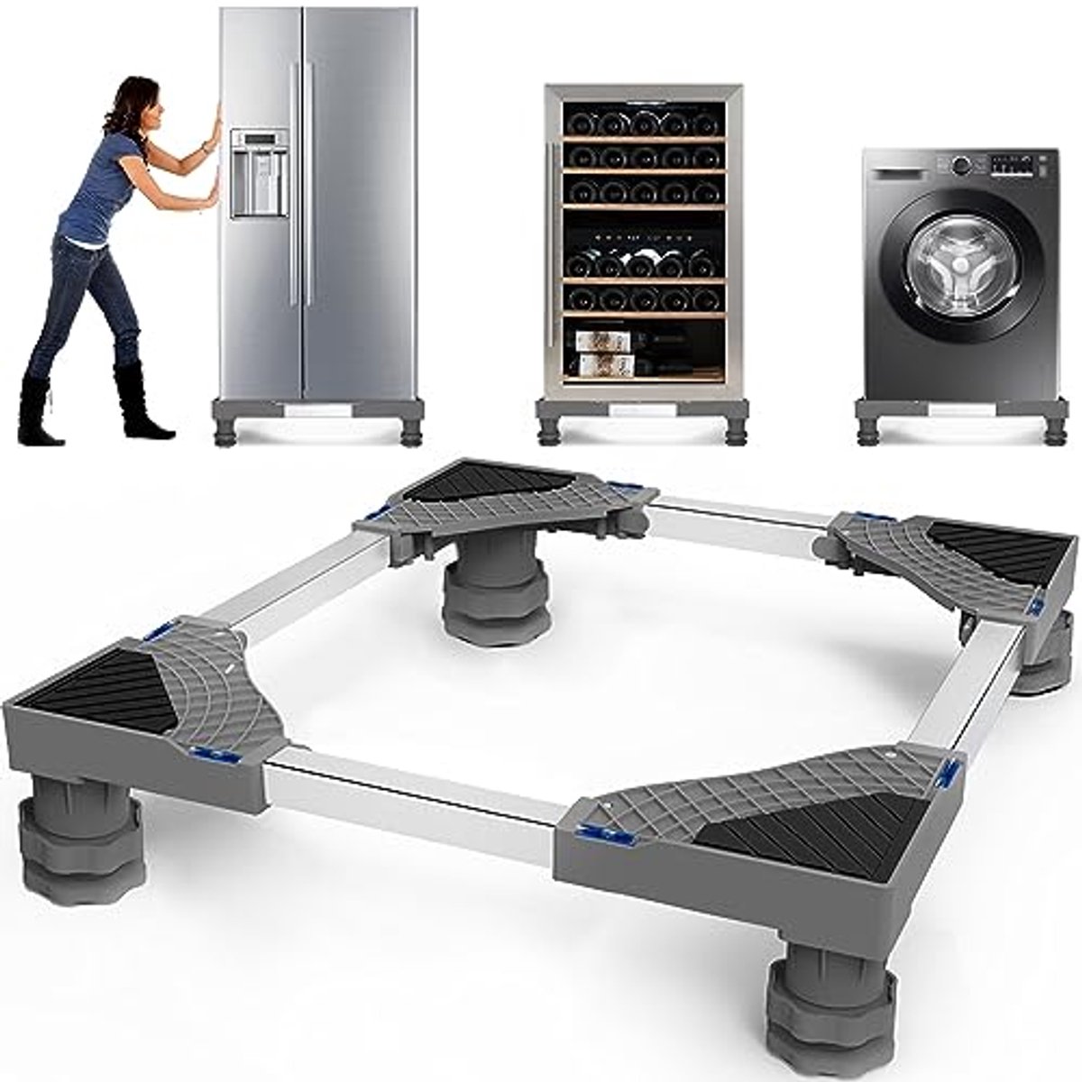 Verstelbare Wasmachinebasis met 4 Wielen - Onderstel tot 200 kg - Geschikt voor Breedte 42-65 cm - Hoogte 10-14 cm