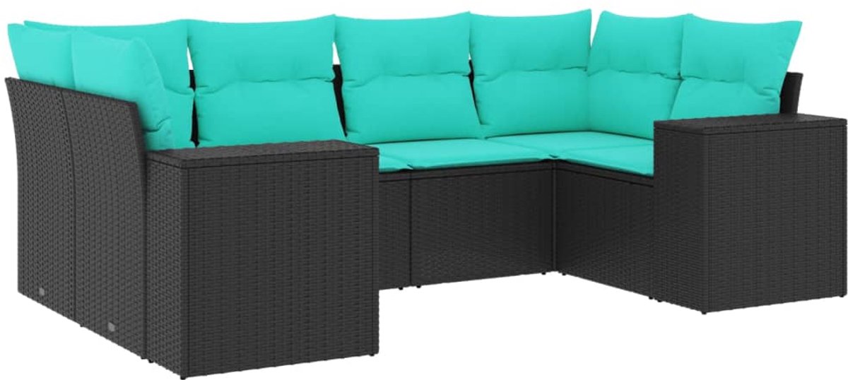 vidaXL - 6-delige - tuinbankset - met - kussens - van - zwart - polyrotan