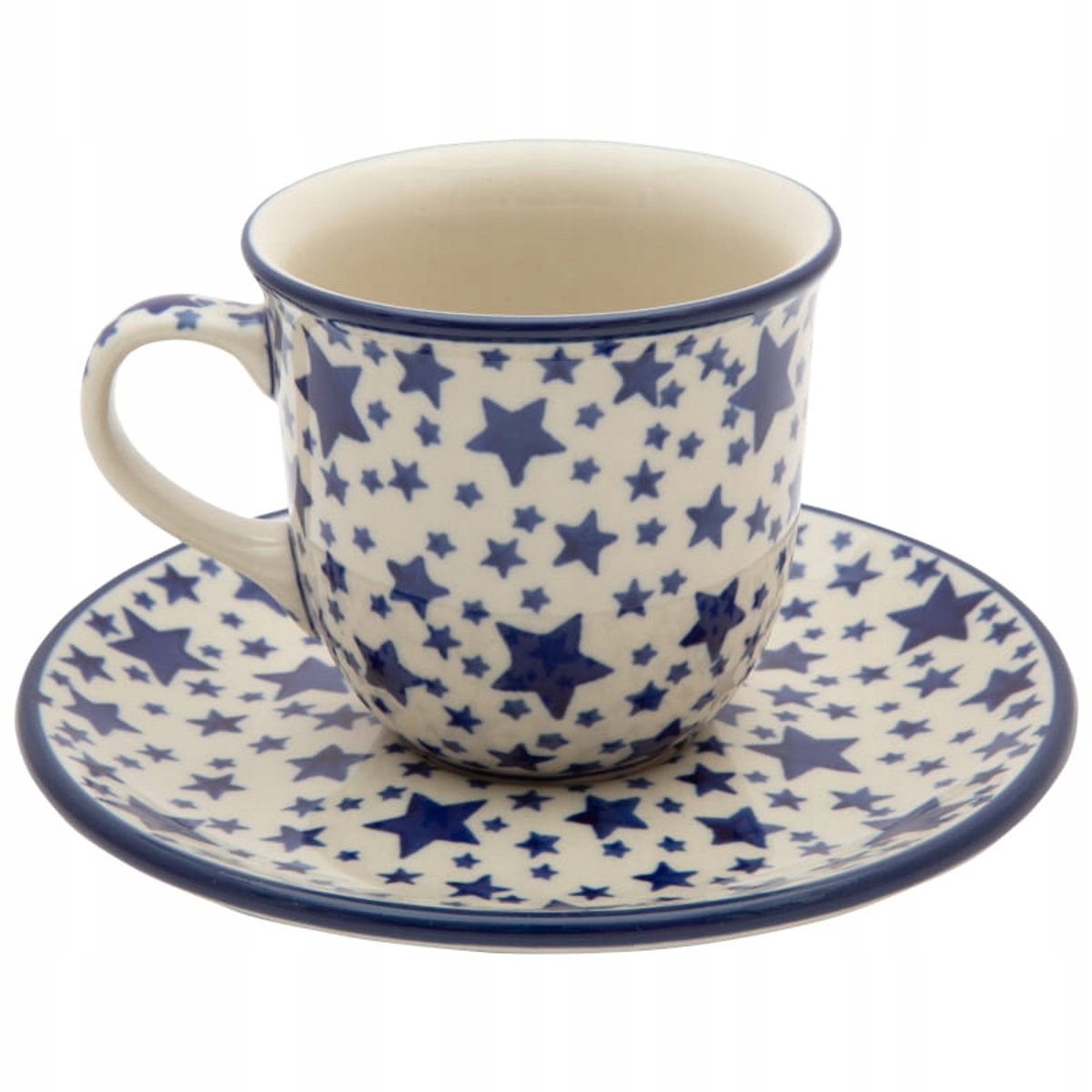 Bolesławiec handgemaakte theekop met schotel, 180 ml, blauwe sterren