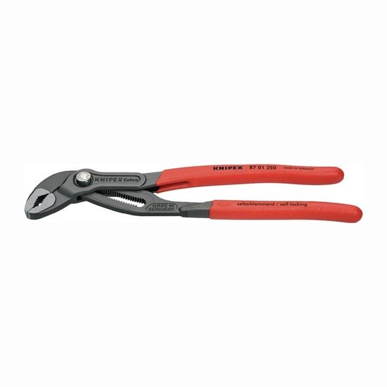 Knipex Cobra waterpomptang, deels geopend, met rode handvatten.