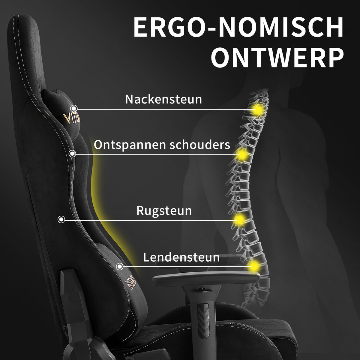 Gaming stoel - luxe imitatie suède Gamestoel- ergonomische bureaustoel met voetensteun - hoofdsteun en lendenkussen-3D armleuningen-90-155 graden rugleuning-zwart – foto 6