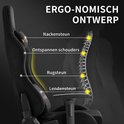 Ergonomisch ontwerp van een zwarte gamerstoel met nek-, schouder-, rug- en lendensteun.