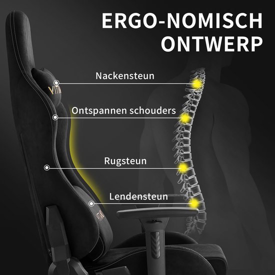 Ergonomisch ontwerp van een zwarte gamerstoel met nek-, schouder-, rug- en lendensteun.