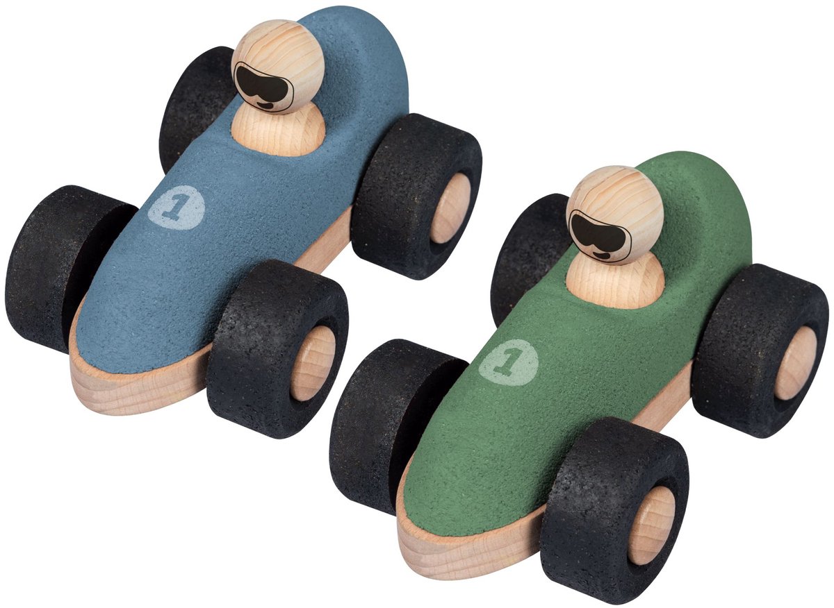 KORKO - Set van 2 kurken raceauto's voor baby's - Groen en blauw