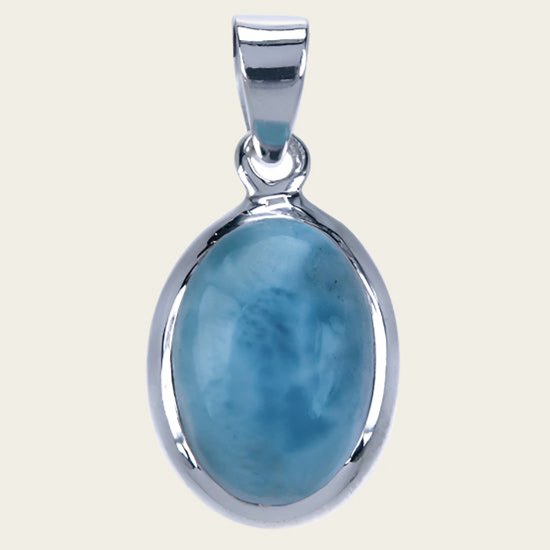 Pendentif chaîne en pierre précieuse Larimar argent ovale lisse