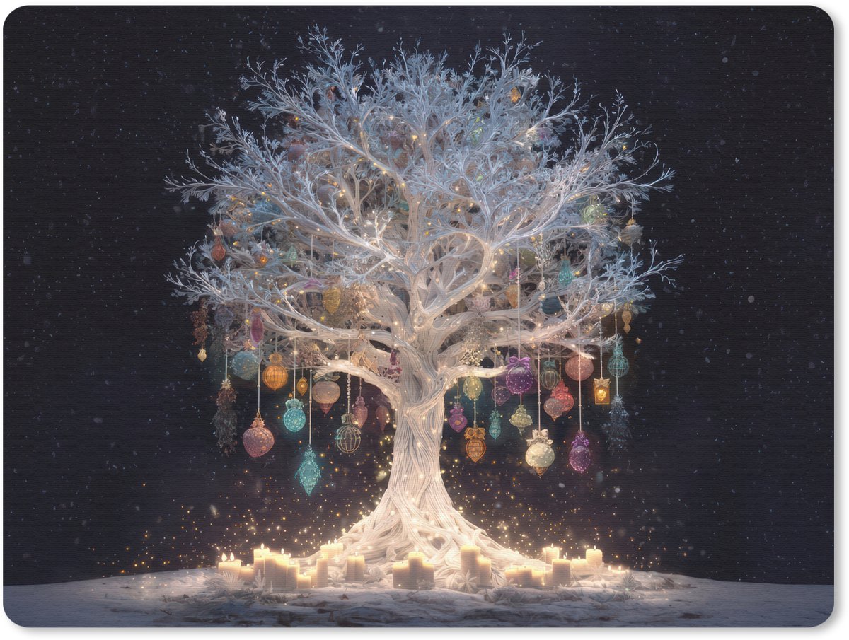 Muismat 23x19 cm - Mousepad Sneeuwboom - Lichtjes - Wit - Kleurrijk - Muismatten