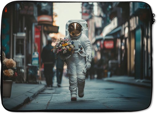 Laptophoes 13 inch - Boeket - Bloemen - Kleurrijk - Astronaut - Laptop sleeve - Binnenmaat 32x22,5 cm - Zwarte achterkant