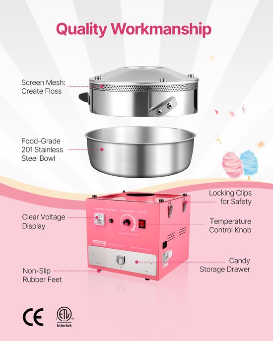 VEVOR Commerciële Suikerspinmachine Suikerspinmaker 1000W Feestroze — afbeelding 3