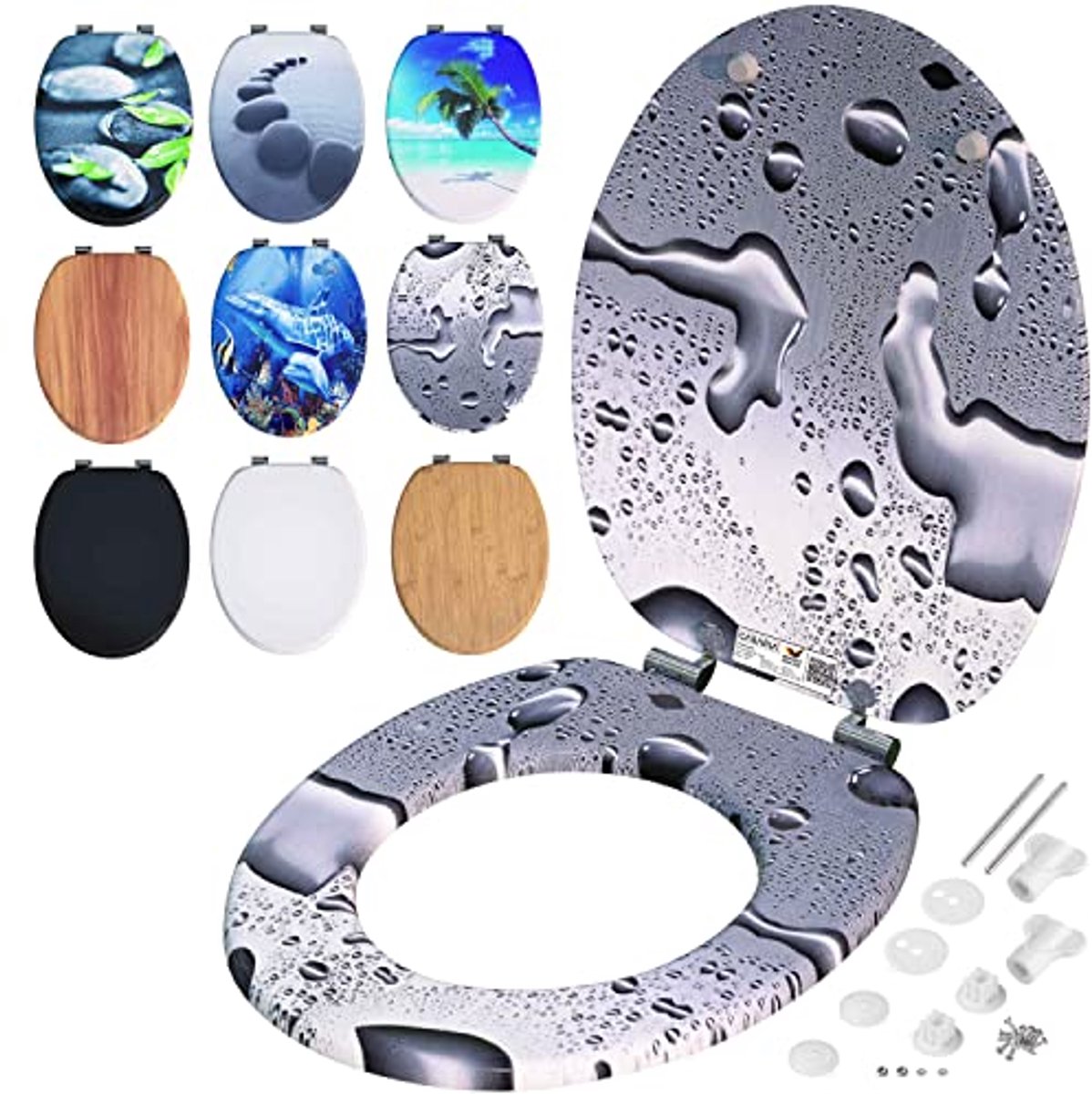 Toiletbril met Softclose Mechanisme en Antibacteriële Coating - MDF Hout, Roestvrije Scharnieren, Waterdruppels