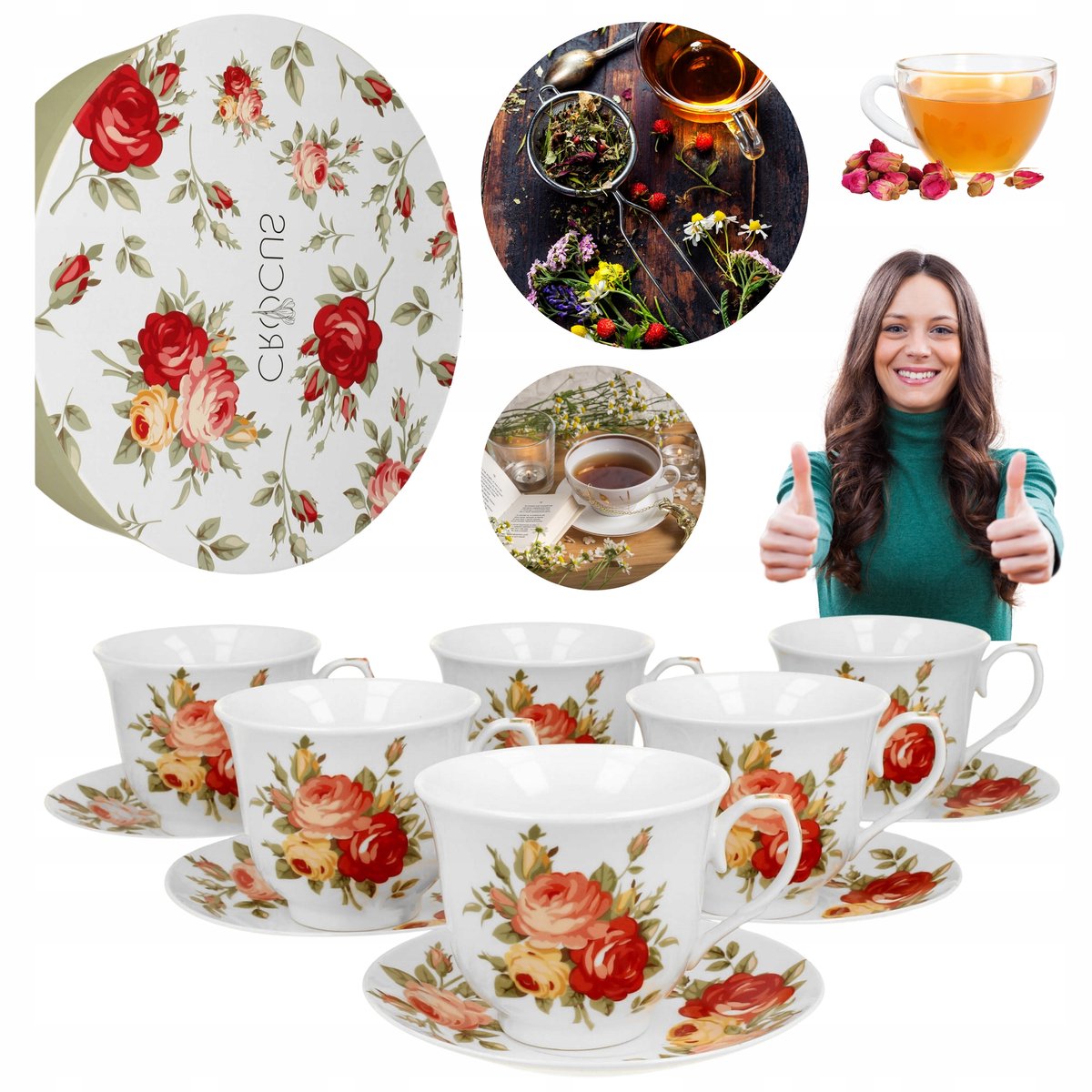 Porseleinen Theekopjes met Schotels, 250ml, 6 stuks, Bloemendesign