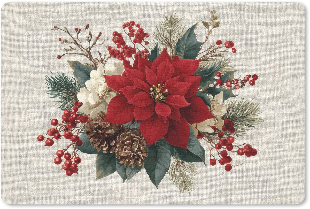 Muismat 27x18 cm - Mousepad Kerststuk - Poinsettia - Dennenappels - Rood - Muismatten