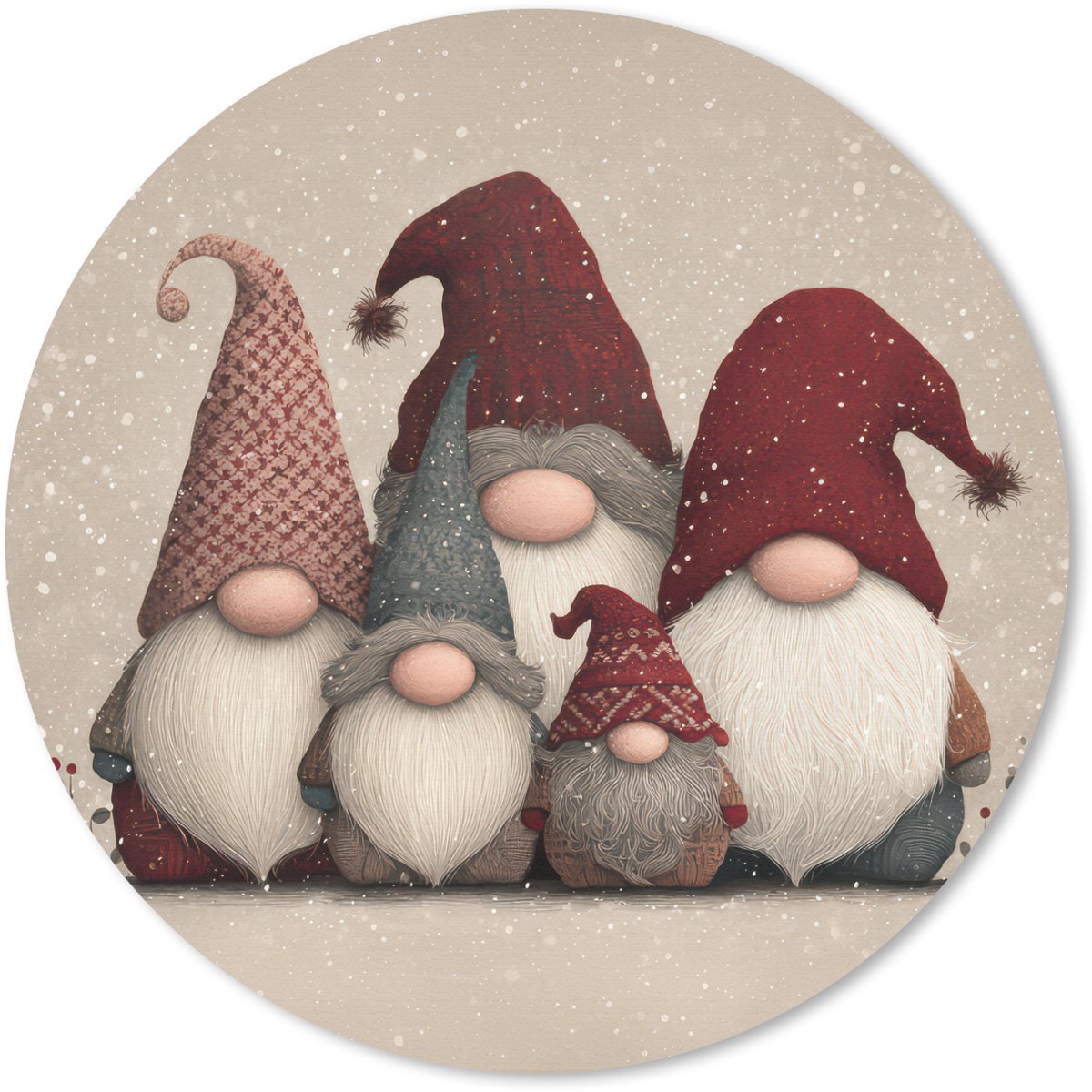 Muismat rond 20x20 cm - Mousepad Kabouters - Kerst - Sneeuw - Puntmutsen - Ronde muismatten