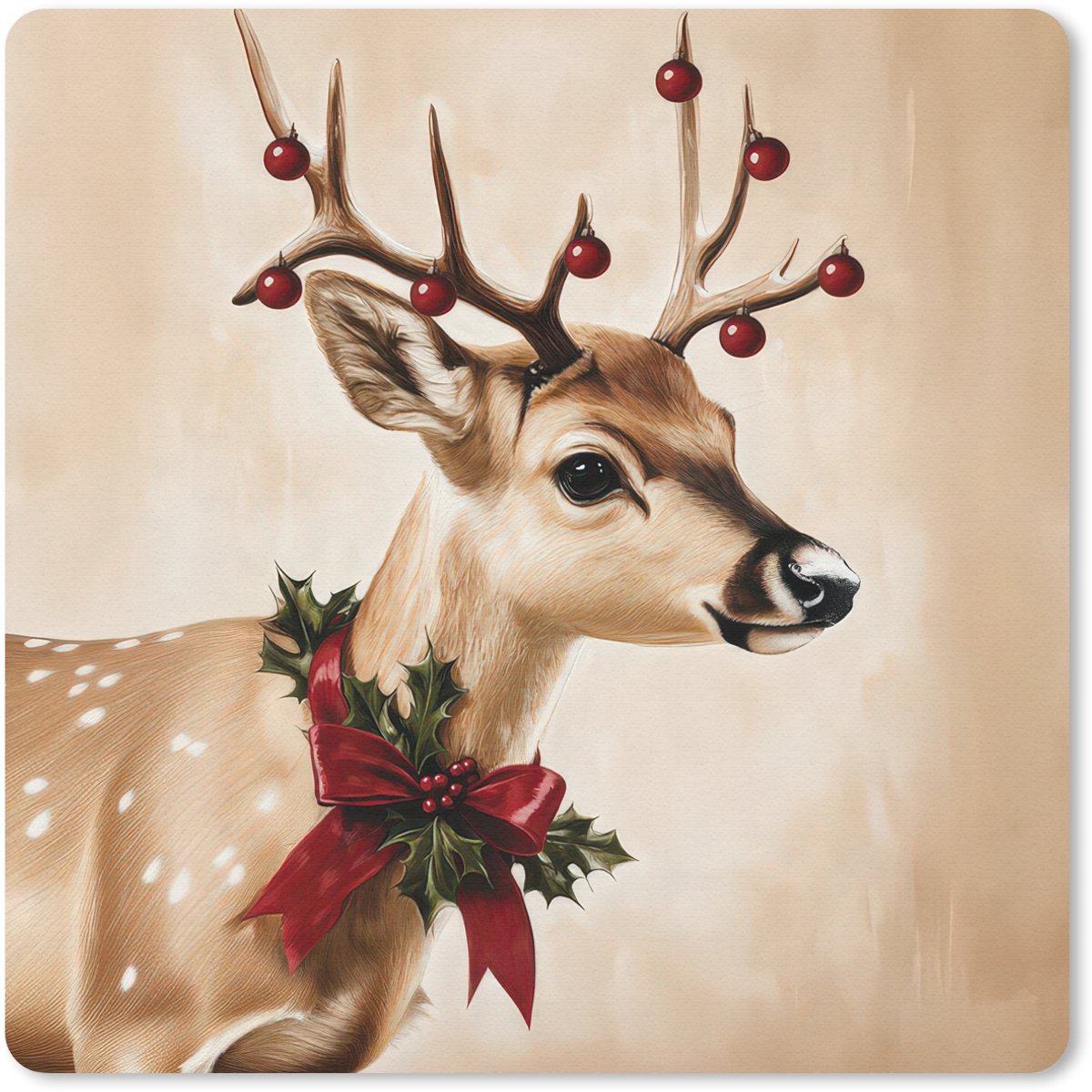 Muismat 30x30 cm - Mousepad Gewei - Kerst - Rendier - Rood - Muismatten