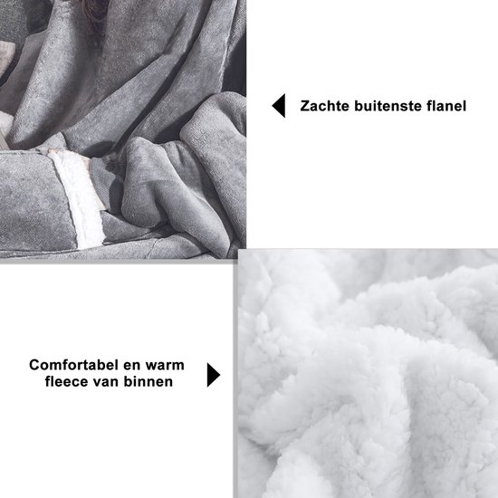 Textuur van een zachte grijze buitenflanel en warme witte fleece binnenkant van een hoodie deken.