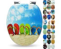 Sanfino® Toilet seat with wooden core and soft-close mechanism - high quality and many colourful motifs, comfortable seat, easy assembly including instructions - "Flip-Flop"