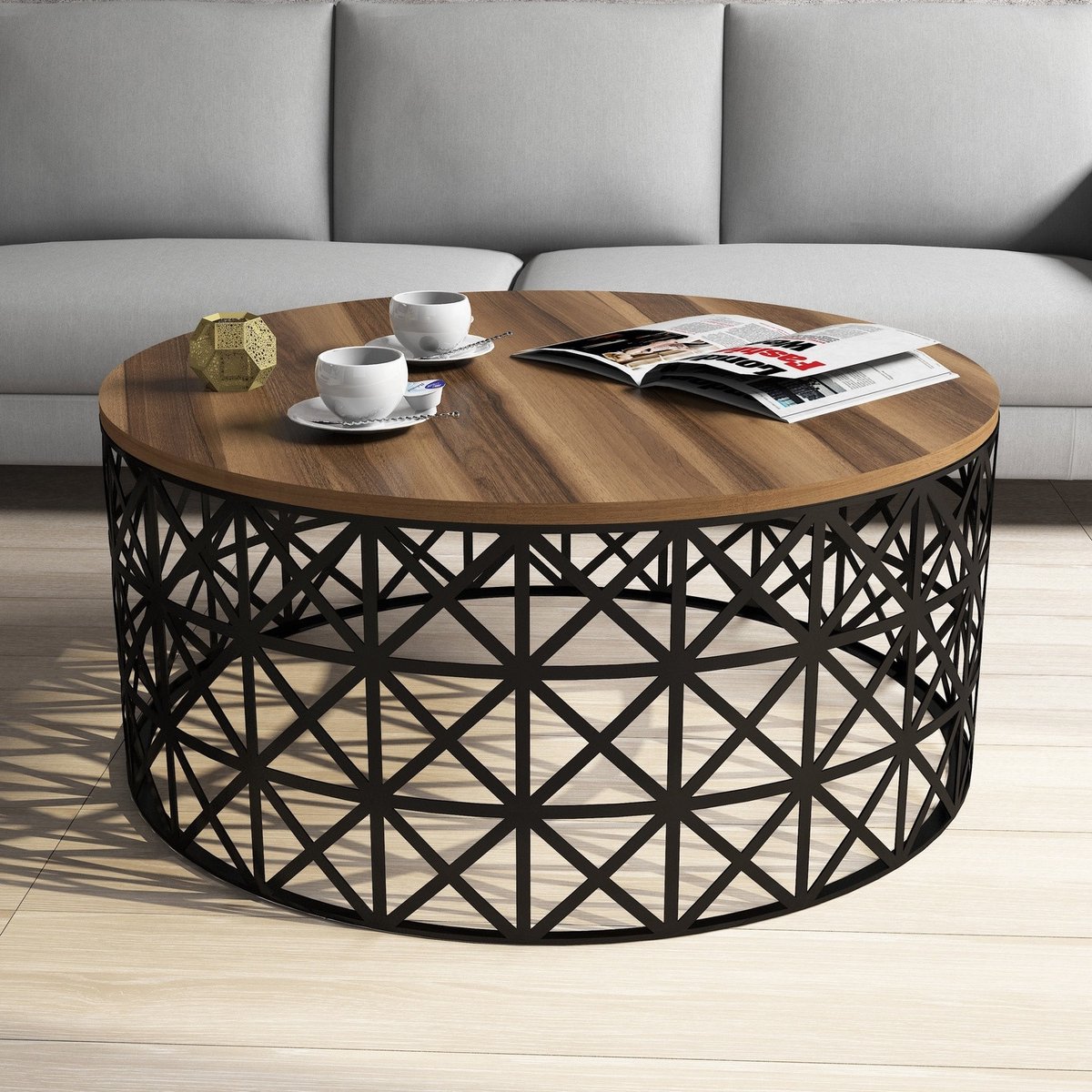 Skye Decor , Salontafel, Selin Metal Ferforje - Walnut, Gemelamineerde spaanplaat, Walnoot & Zwart, 90 x 38 x 90 cm Bruin