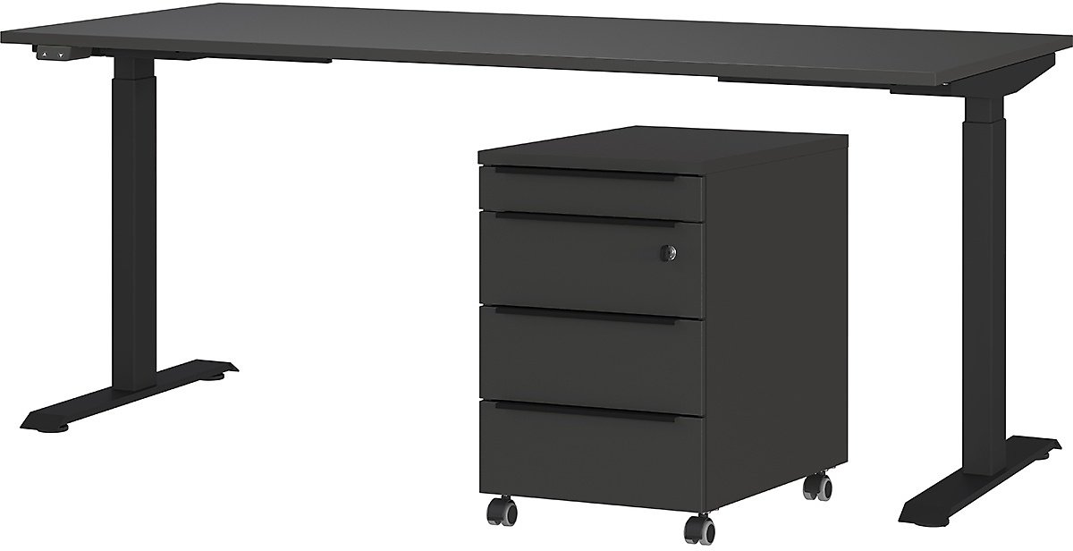 Bureau En Ladekast Met Slot Hermoso | 237x80x72-118cm | Elektrisch Verstelbaar | Grafiet - Germania - Bureautafels - Antraciet - Metaal; Spaanplaat