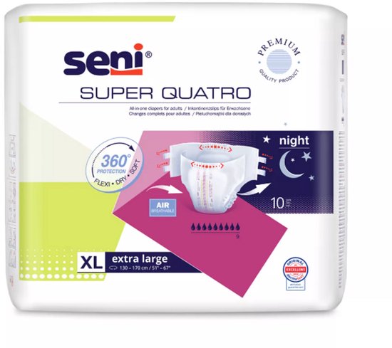Seni Super Quatro extra large verpakking met 'night' illustratie, 360° flexi-dry technologie.