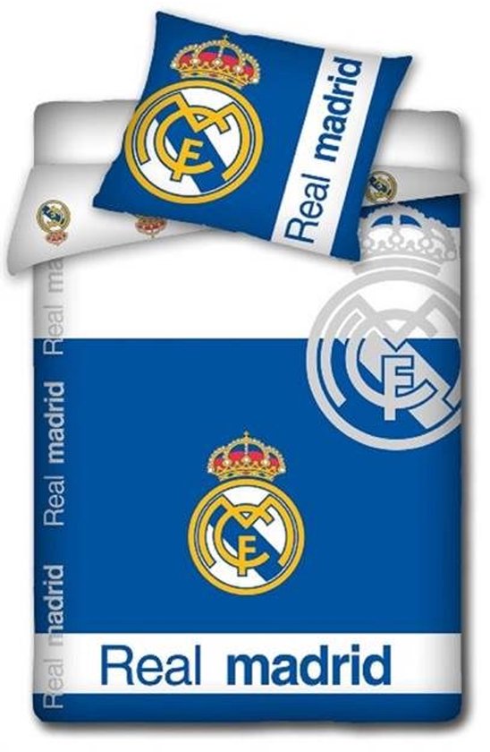 Blauw eenpersoons dekbedovertrek met Real Madrid logo en "Real Madrid" tekst.