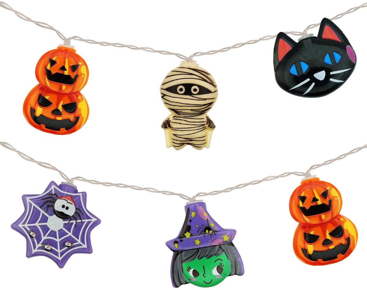 Halloween Lichtsnoer - 1.5 Meter - 10 LED Lampjes - Pompoen, Heks, Mummie, Kat - Inclusief Batterijen - Warm Wit Licht