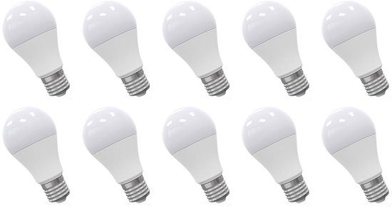 Tien witte, dimbare ledlampen met E27-fitting, 11W, 1050 lumen, 3000K warm wit licht.