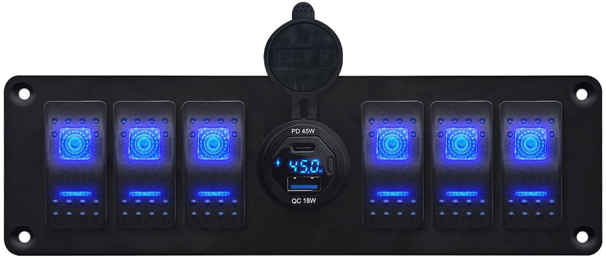 ProRide Schakelpaneel 12V voor Auto/Boot - USB/USB C Autolader 2 Poorten met Wattagemeter - 45W - QC3.0 - 6 schakelaars - Blauw
