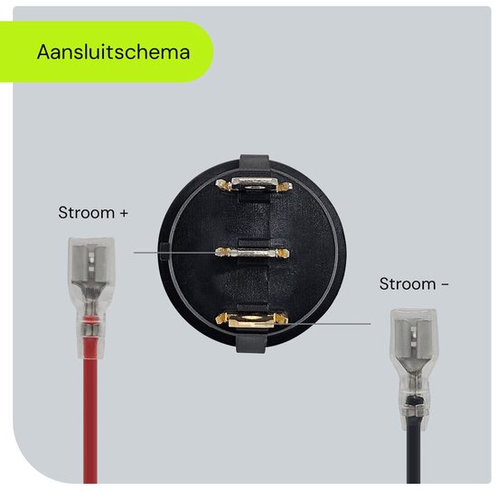 Aansluitingen van een ronde schakelaar met kabels, labels: Stroom + en Stroom -.