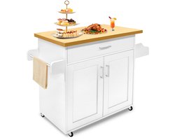 Keukeneilandtrolley Op Wielen Keukentrolley Verrijdbare Keukentrolley Met Werkblad Opbergkast Keukenkast, Trolley Keukeneiland Groentetrolley Met Wijnrek 115x36x90 Cm (Wit)