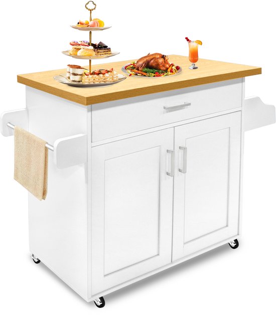 Keukeneilandtrolley Op Wielen Keukentrolley Verrijdbare Keukentrolley Met Werkblad Opbergkast Keukenkast, Trolley Keukeneiland Groentetrolley Met Wijnrek 115x36x90 Cm (Wit)