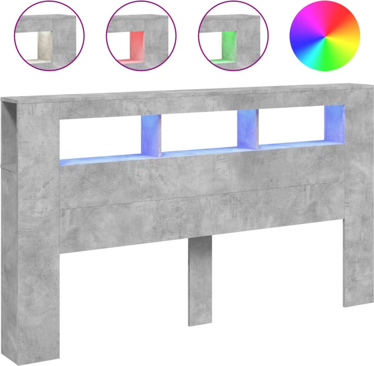 vidaXL - Hoofdeinde - met - LED - 180x18,5x103,5 - cm - bewerkt - hout - betongrijs