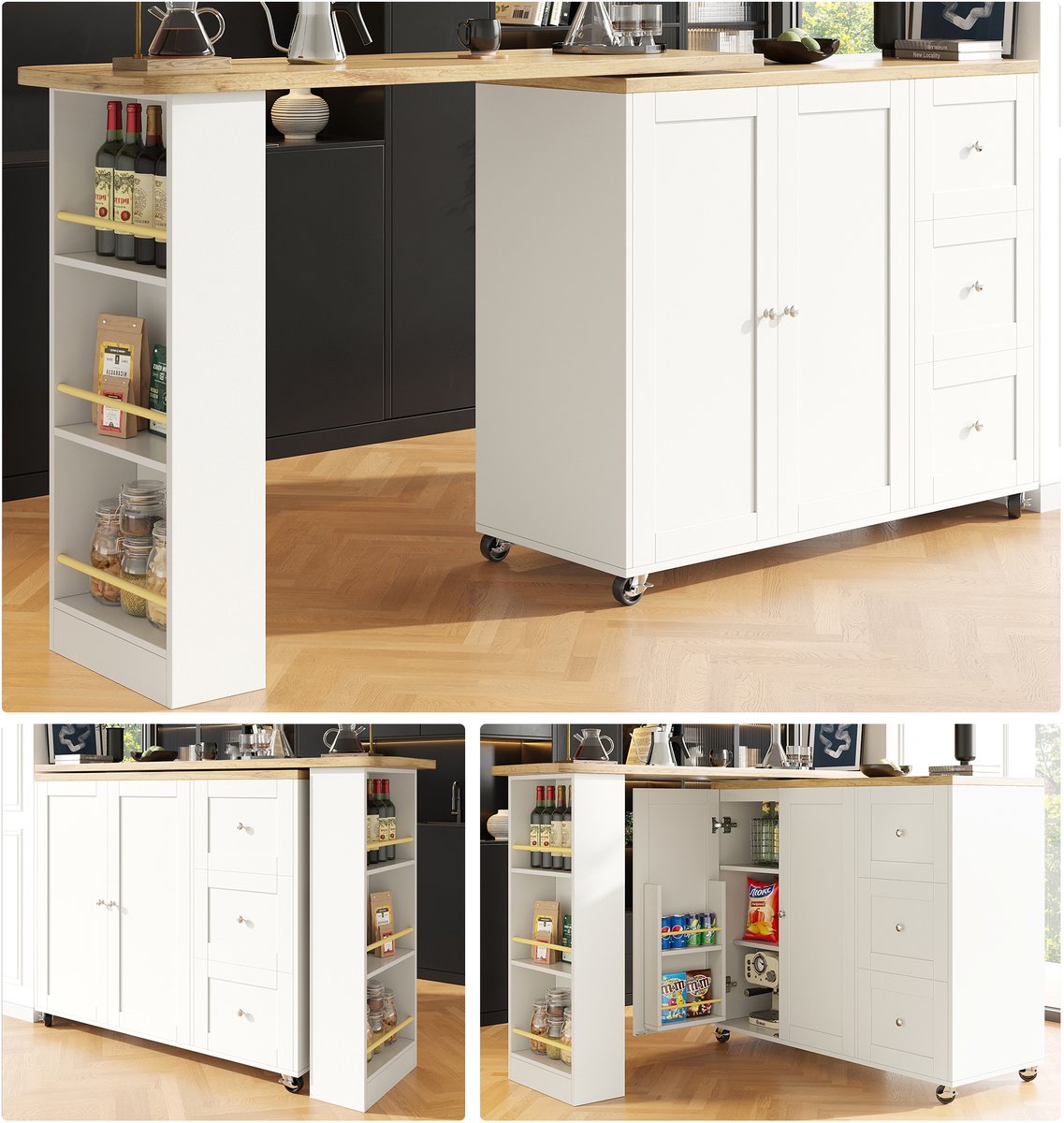 360° Draaibare Bartafel op Wielen (135-203x39x106 cm) - Witte Multifunctionele Eiland met 3 Lades & Snackhouder - Voor Keuken en Woonkamer