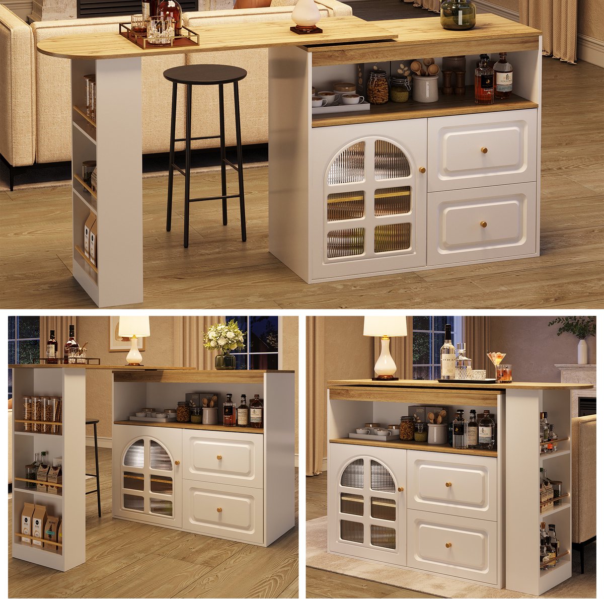 360° Draaibare Snackbar - Witte Moderne Bartafel met 2 Lades, Snackplank & Open Opbergvak - Sideboard met Bogenglas