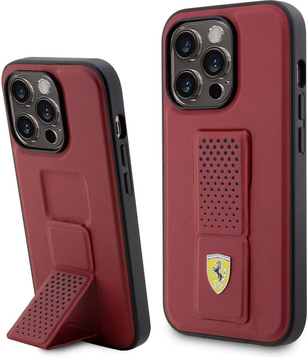 Ferrari Back Cover iPhone 15 Pro - Rood - Geperforeerd Gripstand - Verhoogde Cameraring