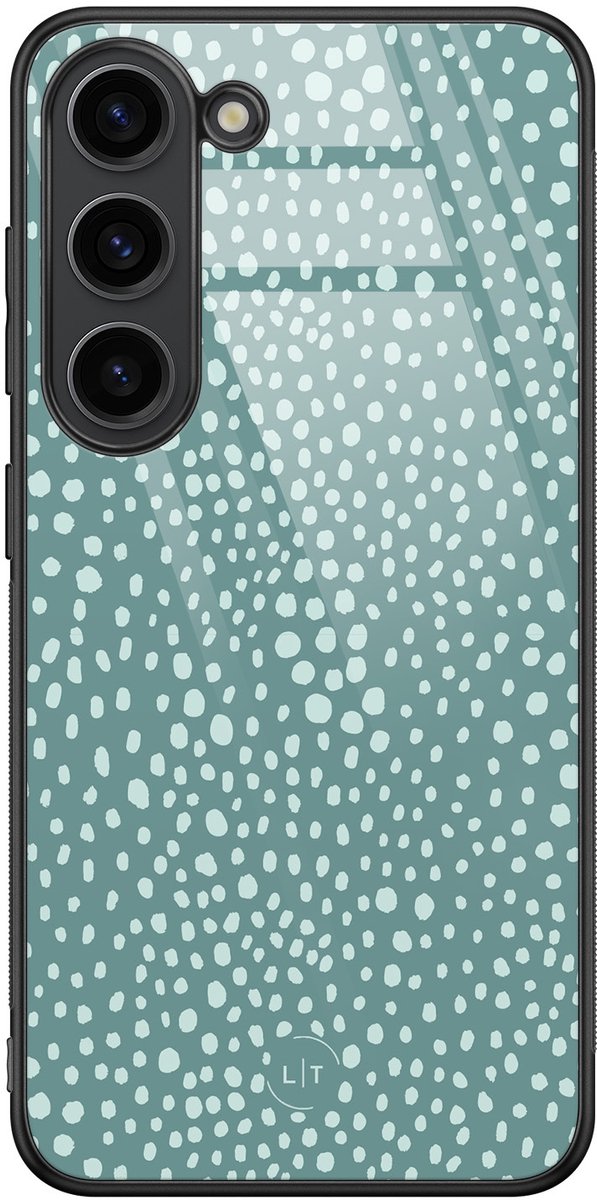 Hoesje geschikt voor Samsung Galaxy S23 - Blue dots - Luxe Glazen Hardcase - Gestipt - Blauw