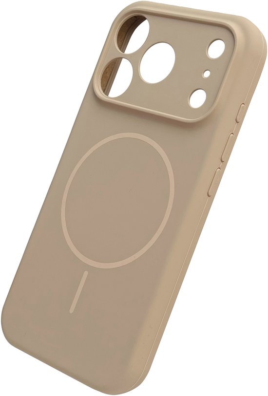 Zand beige telefoonhoesje met magnetisch cirkel-accent en uitsparingen voor camera.
