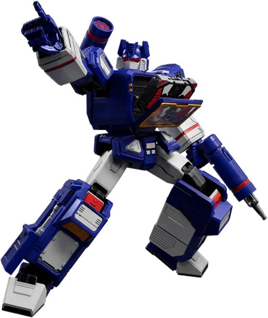 Blauwe en witte Transformer robot met cassettecompartiment open, wijst met rechterhand.