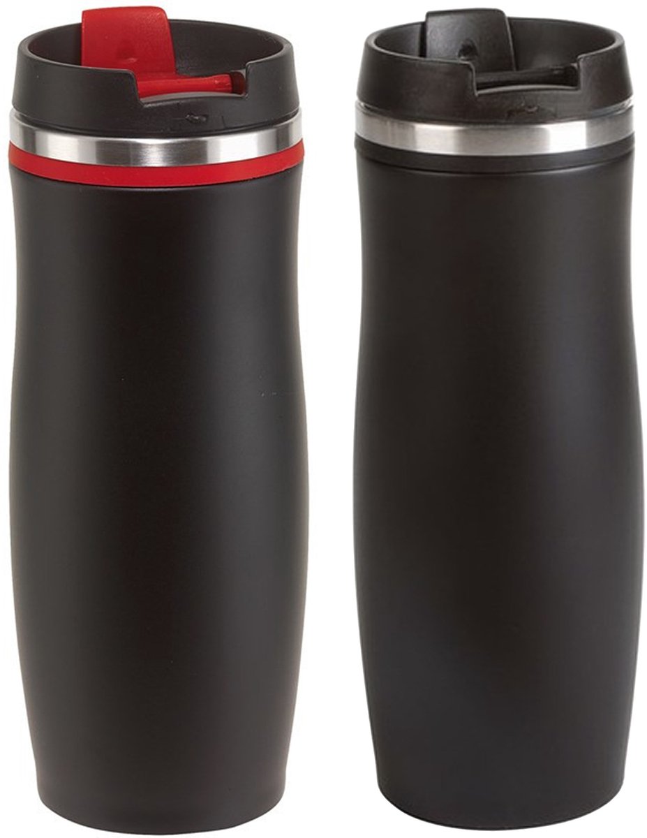 Thermosbekers - warmhoud drinkbekers - set 2x stuks - rood en zwart - 400 ml - Isolerende drinkbekers - warme dranken - reisbekers