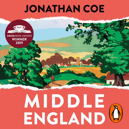Boekcover van Middle England met een landschap van glooiende heuvels, een dorp en een man die een pad oploopt. Gemarkeerd als winnaar van de Costa Book Awards 2019.