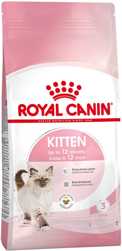 Roze zak voer voor kittens tot 12 maanden met een Ragdoll kitten afbeelding.