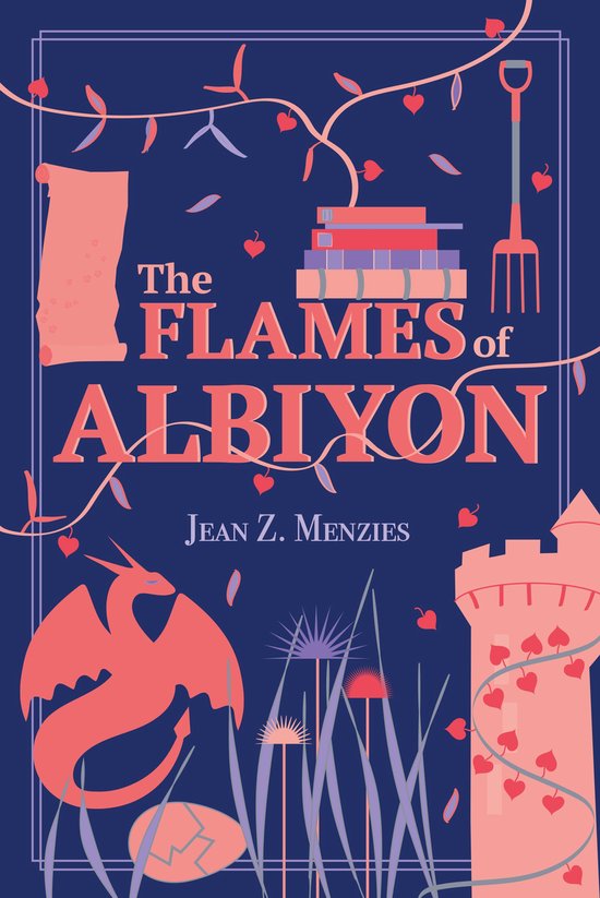 Boekomslag van 'The Flames of Albiyon' met rode draak, kasteel, boeken en een gebroken ei.