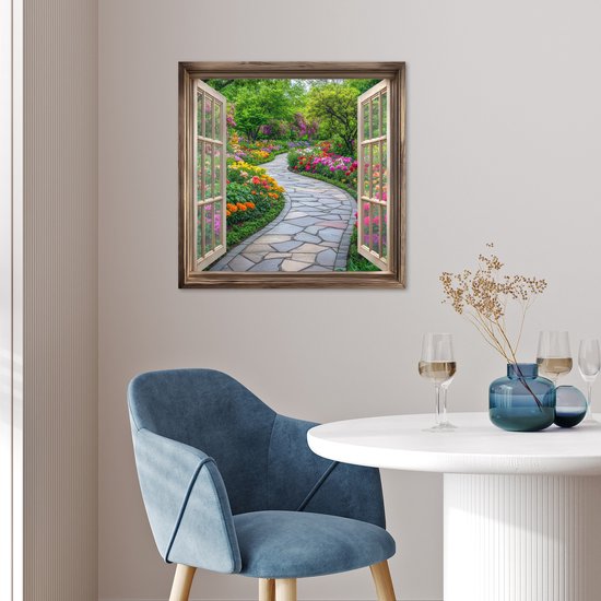 Affiche 50x50 cm - Vue - Fleurs - Allée de jardin - Nature - Fenêtre - Posters - Décoration chambre - Décoration murale salon - Décoration murale chambre