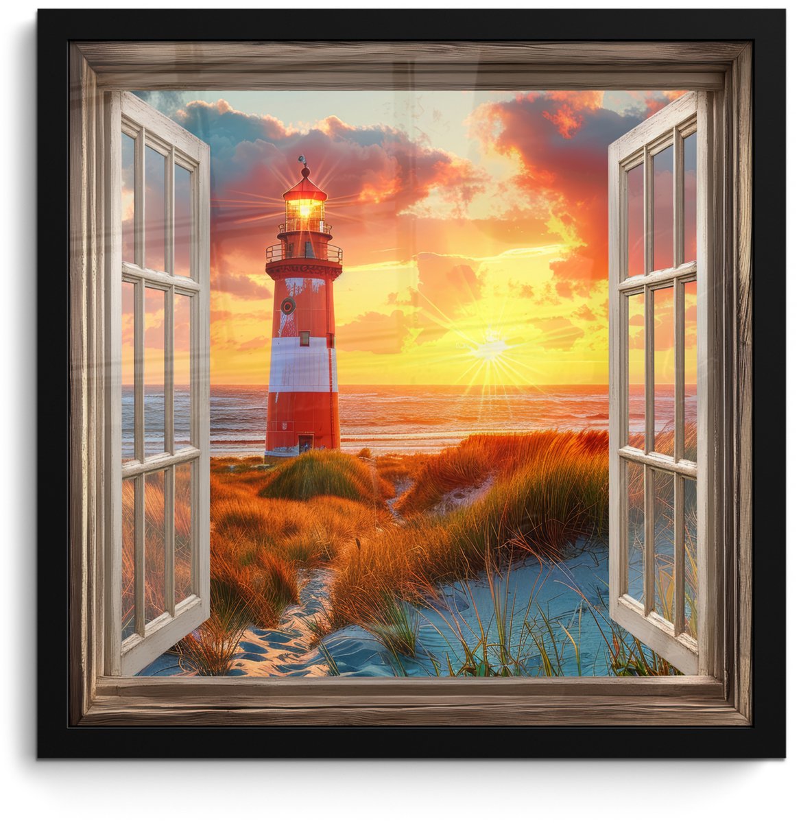 FrameYourWall Poster in lijst - Fotolijst 40x40 cm - Posters - Doorkijk - Raam - Vuurtoren - Zonsondergang - Strand - Posterlijst zwart - Decoratie - Wanddecoratie woonkamer - Muurdecoratie slaapkamer Zonsondergang - Vuurtoren