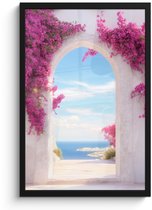 Poster in lijst - Fotolijst 40x60 cm - Posters - Zee - Roze - Bloemen - Poort - Posterlijst zwart - Decoratie - Wanddecoratie woonkamer - Muurdecoratie slaapkamer