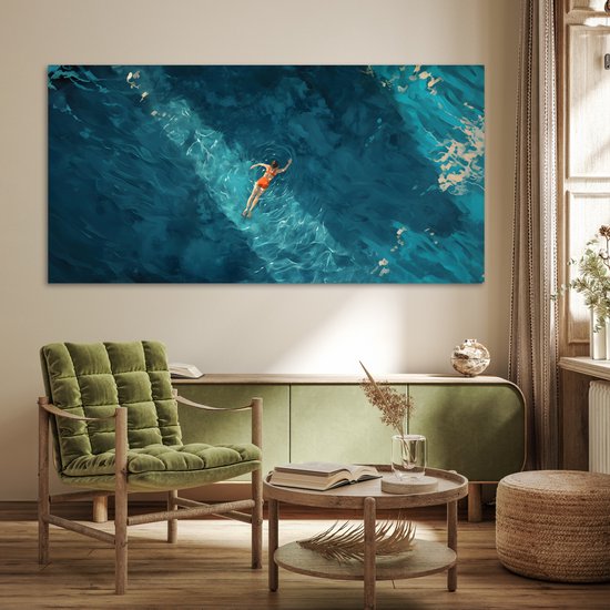 Poster 160x80 cm - Vrouw - Water - Bikini - Oranje - Posters - Kamer decoratie - Wanddecoratie woonkamer - Muurdecoratie slaapkamer