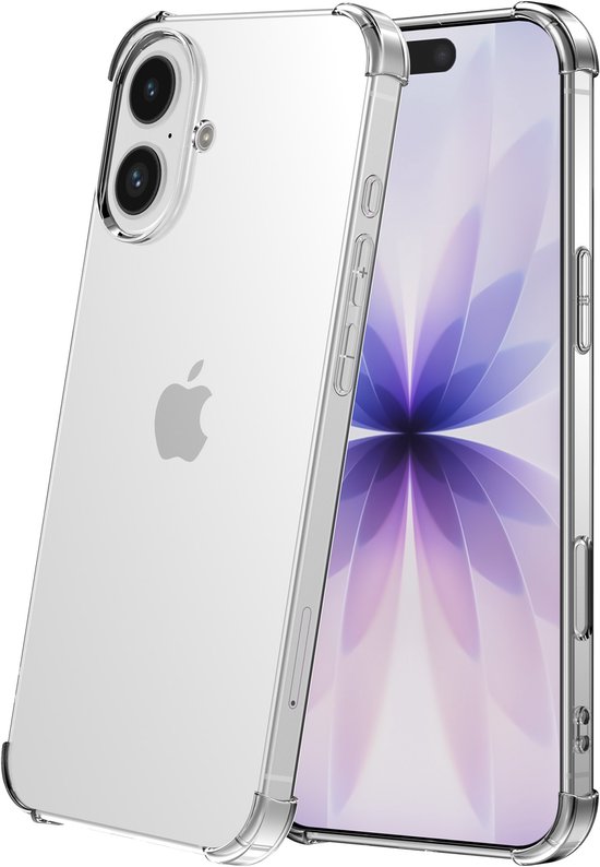 Duidelijke, transparante hoes met versterkte hoeken, passend op een iPhone met een paars bloempatroon op het scherm.