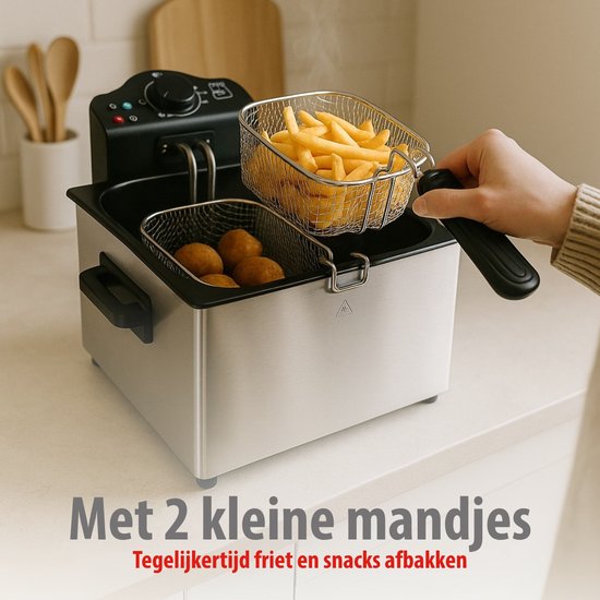 alpina Frituurpan 5 Liter - Dubbele Friteuse met 3 Frituurmanden - Frituur met Instelbare Temperatuur tot 190 °C - Frietpan 2000W - met Kijkvenster - RVS