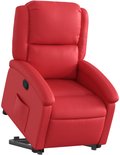 Liggende rode fauteuil met zwarte basis en hendel.