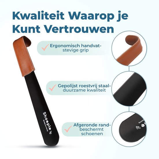 Zwarte schoenlepel met bruin lederen handvat. Ergonomisch, gepolijst roestvrij staal.