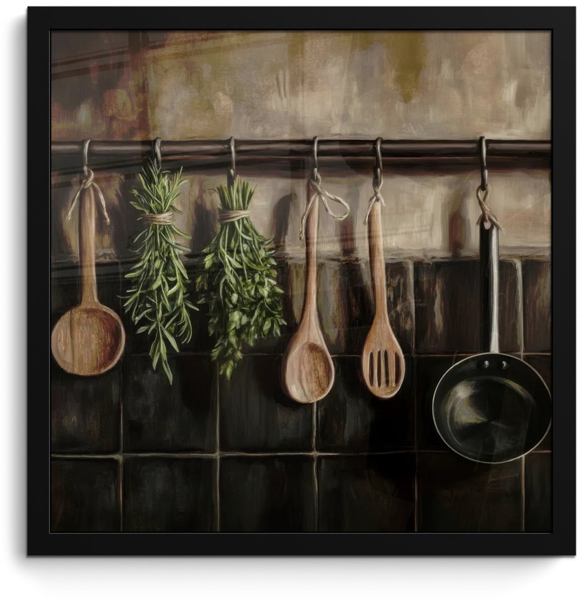 FrameYourWall Poster in lijst - Fotolijst 40x40 cm - Posters - Keukengerei - Rustiek - Tegels - Kruiden - Posterlijst zwart - Decoratie - Wanddecoratie woonkamer - Muurdecoratie slaapkamer Keukengerei - Stilleven