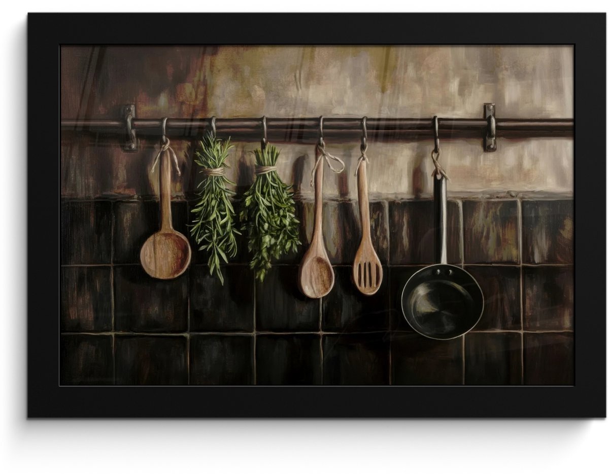 FrameYourWall Poster in lijst - Fotolijst 30x20 cm - Posters - Keukengerei - Rustiek - Tegels - Kruiden - Posterlijst zwart - Decoratie - Wanddecoratie woonkamer - Muurdecoratie slaapkamer Keukengerei - Stilleven